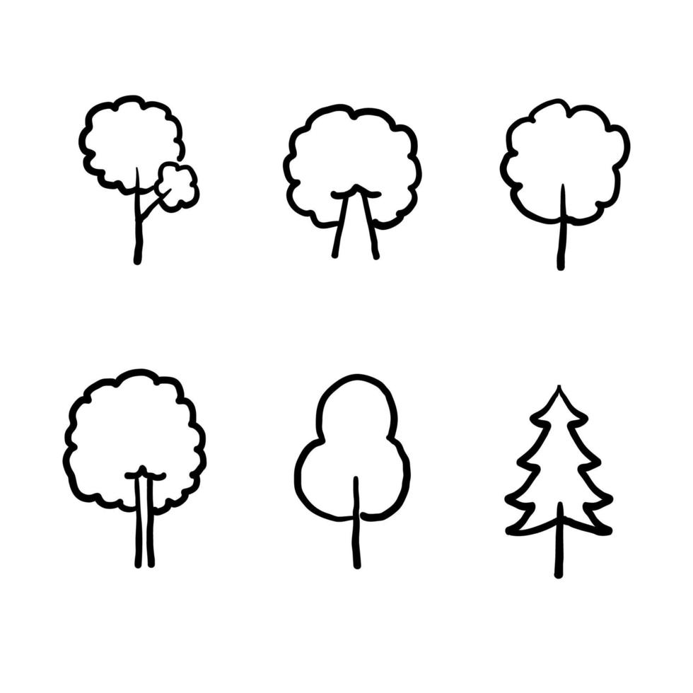 doodle träd samling ikon med handritad stil vektor isolerade