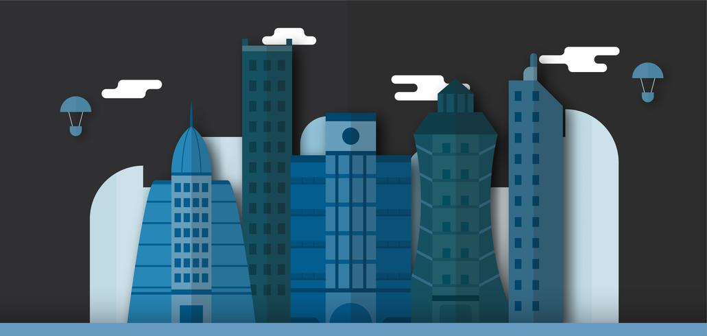 Pop up design av stadsbyggnader och framtida stad på natten. Vektor illustration med platt stil.