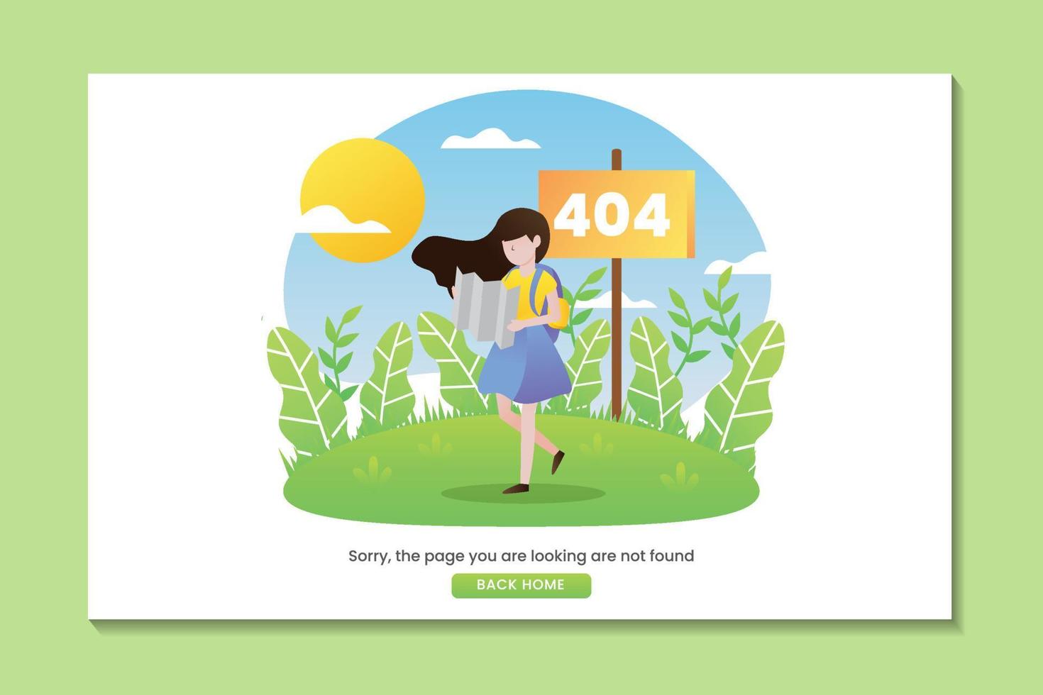 404-Fehler-Landing-Page mit einer Frau, die sich in der Natur verirrt hat und Richtung auf der Karte sucht vektor