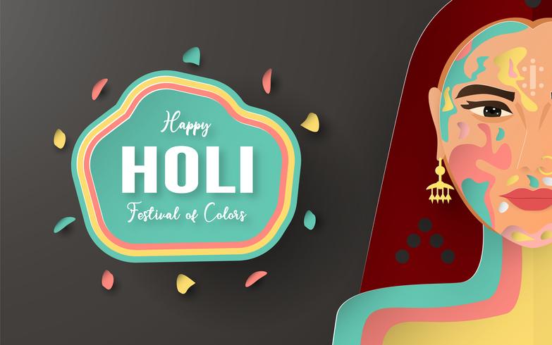 Happy Holi, Fest der Farben. Schablonenelementdesign für Schablone, Fahne, Plakat, Grußkarte. Vector Illustration im Papierschnitt, Handwerk, Origamiart mit flacher Lageart.