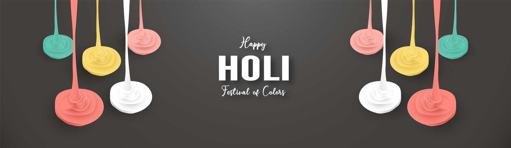 Glad Holi, Färgfestivalen. Mallelementdesign för mall, banner, affisch, hälsningskort. Vektor illustration i pappersskärning, hantverk, origami typ med platt lay stil.