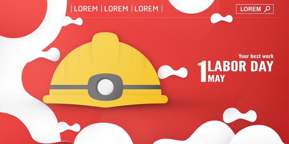 Lycklig arbetsdag den 1 maj i år. Malldesign för banner, affisch, omslag, annons, hemsida. Vektor illustration i pappersklippning och hantverk stil på röd bakgrund.