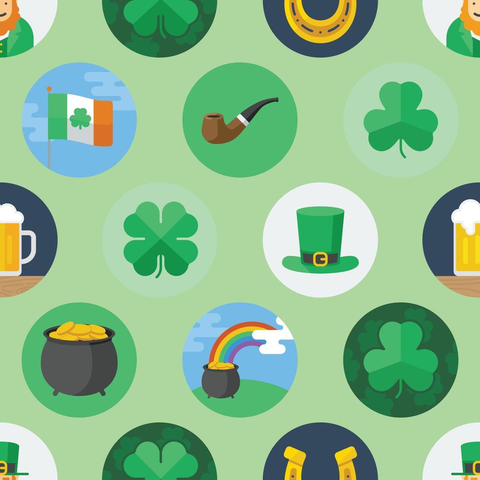bunter kreisförmiger ikonensatz von st. Patricks Tag. irische nahtlose Muster auf grünem Hintergrund. vektor