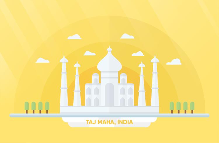 Indien landmärken för att resa med Taj Mahal och träd. Vektor illustration med kopia utrymme och flare av ljus på gul och orange bakgrund.