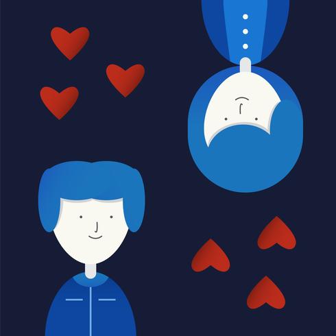 Karaktär av kärlekspar med rött hjärta. Vektor design i gradient platt stil isolerad på mörkblå bakgrund.