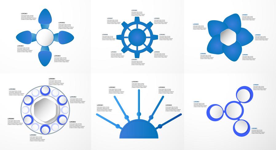 Sats med blå infografiska element med pappersskärning och digitalt hantverk. Diagram för företagspresentation, mall, webbbanner och rörelse grafik med kopia utrymme för text på grå bakgrund. vektor