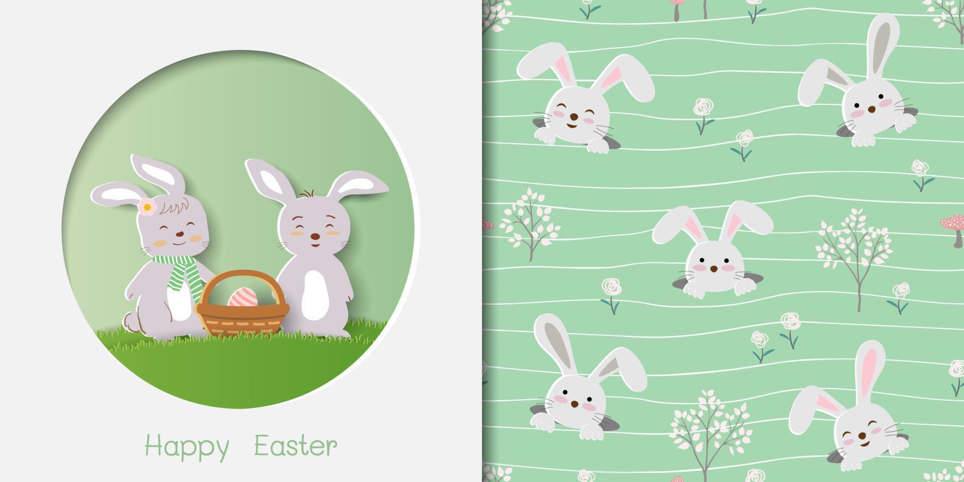 uppsättning av påsk gratulationskort med söta kaniner och sömlösa mönster på vågig bakgrund vektor