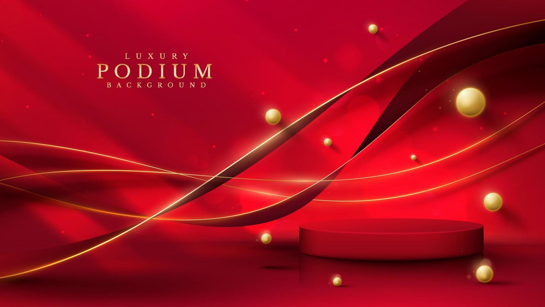 rotes produktanzeigepodium mit goldener kurvenlinie und 3d-kugelelementen mit bokeh-dekoration und glitzerndem lichteffekt. vektor