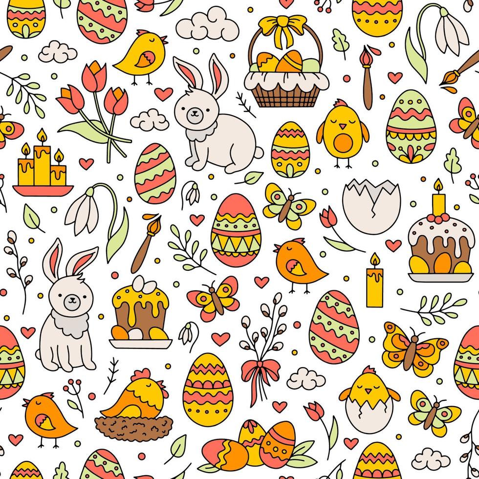 påsk seamless mönster med vektor orange ikoner av ägg, kycklingar, blommor och kaniner. söta doodle semestersymboler för utskrift på papper eller tyg.