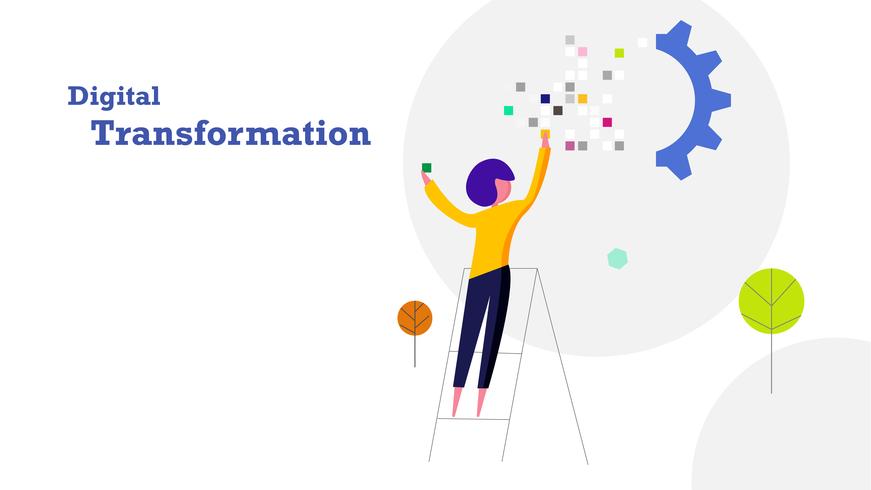 Digital transformation platt design bakgrund. Människan fyller i pixeldata-klistermärke till industriväxeltåg. Industri 4.0 och teknik koncept. vektor