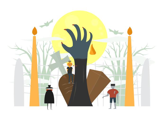 Minimal läskig plats för halloween dag, 31 oktober, med monster som inkluderar dracula, pumpa man, frankenstein. Vektor illustration isolerad på vit bakgrund.