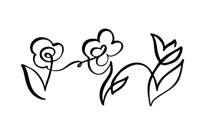 Kontinuerlig linje handrit kalligrafisk Logo vektor tre blomma koncept bröllop. Skandinavisk vårblommigt designikonelement i minimal stil. svartvitt