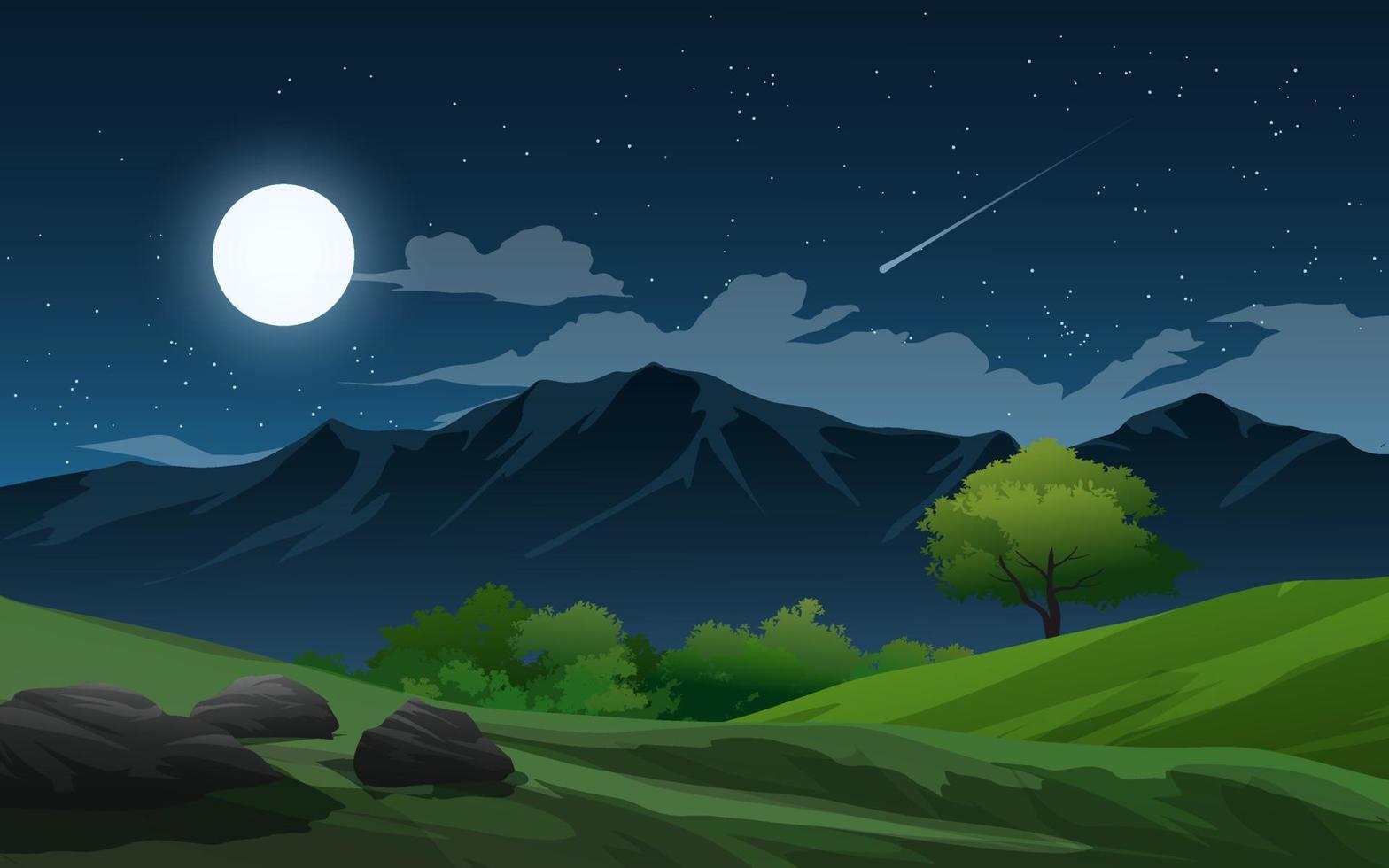 nattlandskap av berg och fält med fullmåne vektor