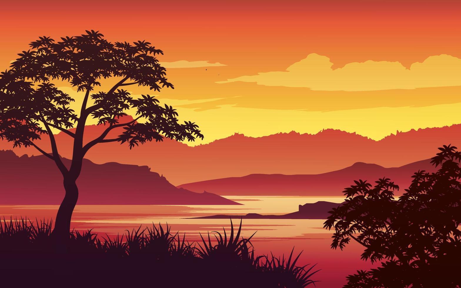 sjö och berg solnedgång illustration. träd och gräs i siluett. platt stil landskap vektor