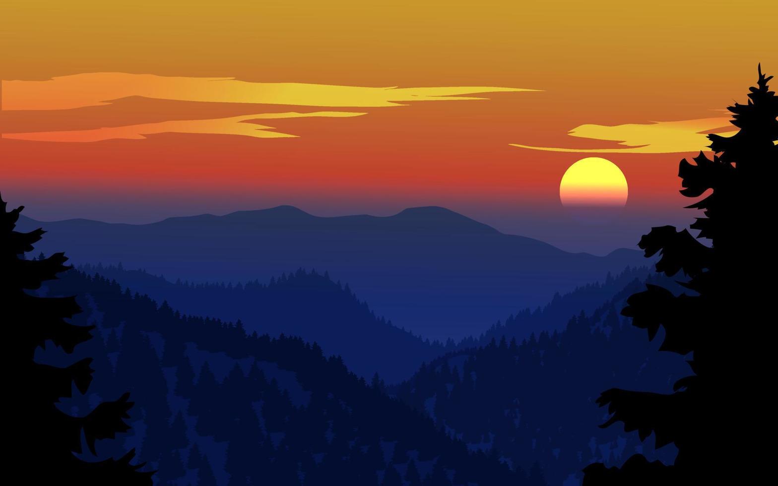 vacker dramatisk solnedgång vid bergen med siluett av granar vektor