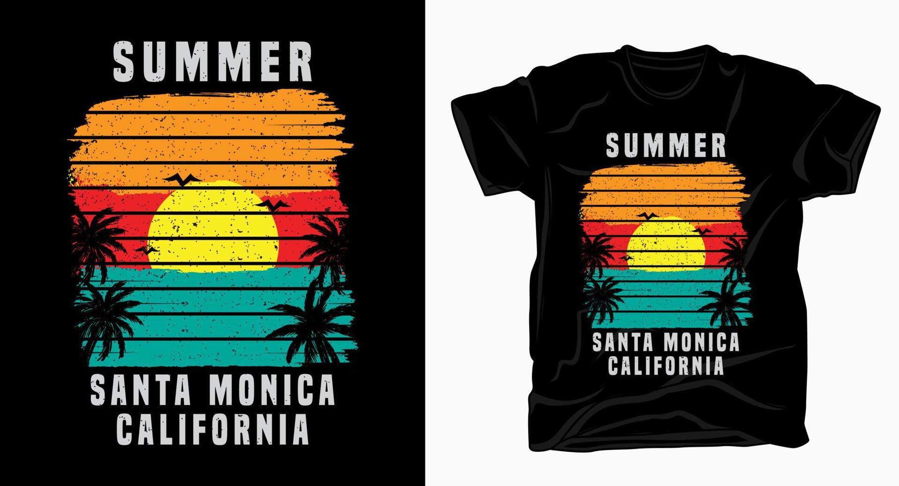 sommar santa monica kalifornien typografi med solnedgång och palm t-shirt vektor