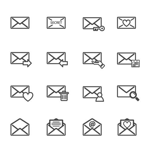 Kuvert brev och e-post vektor ikonuppsättning. Elektronik och datorkoncept. Tecken och symboltema. illustration vektor