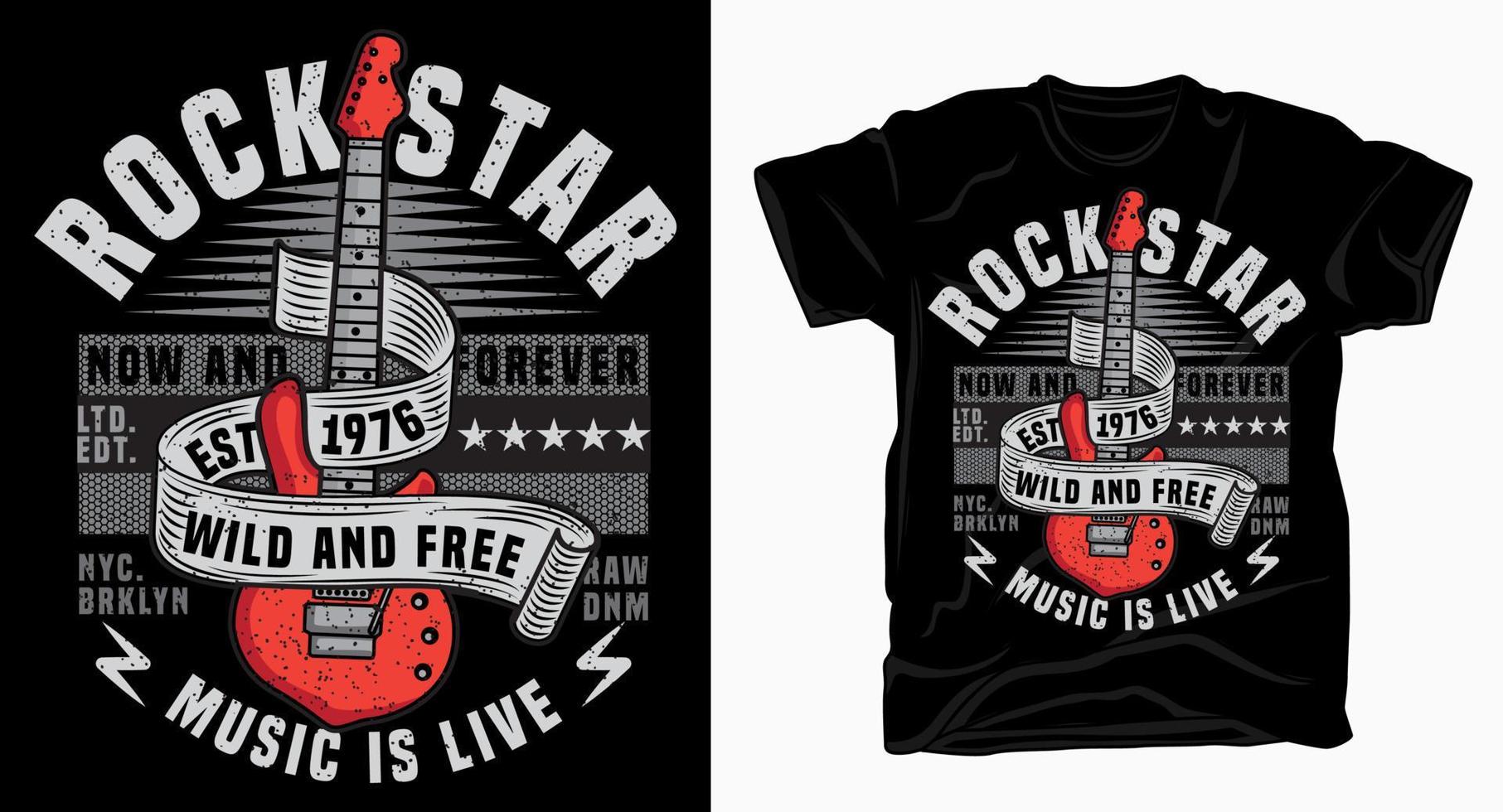 rockstar-musik ist lebenstypografie mit e-gitarren-design für t-shirt vektor