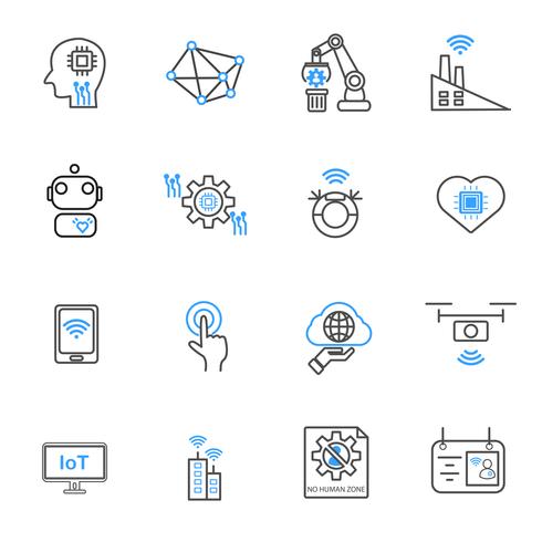 Internet av saker och Automation robotik ikoner. Teknik och Futuristisk koncept. Illustration vektor samling set. Tecken och symbol tema.