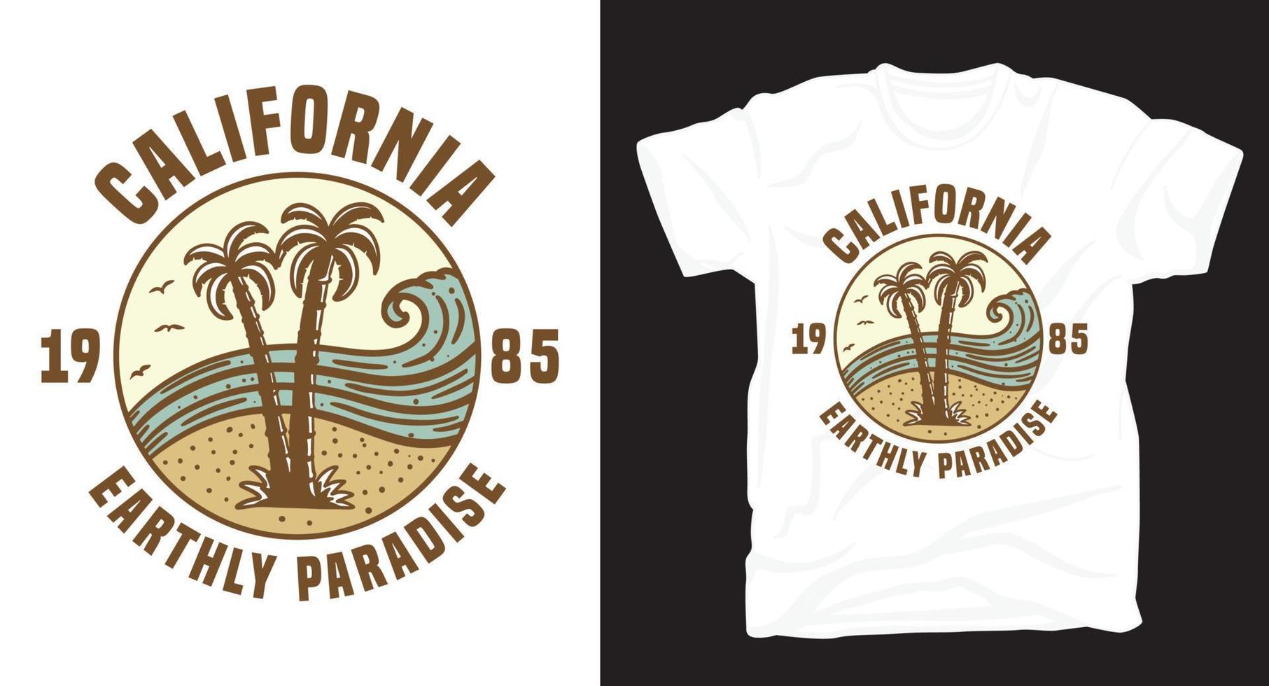 Vintage Illustration der Palme und des Strandes mit Typografie-T-Shirt Design vektor