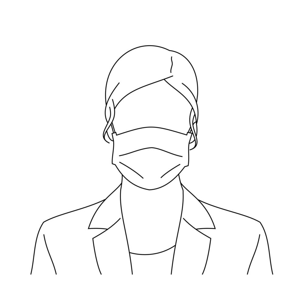 illustration linjeteckning av en ung kvinna som är sjuk som bär medicinska ansiktsmasker för att skydda mot sjukdomar, luftföroreningar, coronavirus, sars, bakterier, influensa eller mers-cov. flicka med ansiktsmasker tittar på kameran vektor