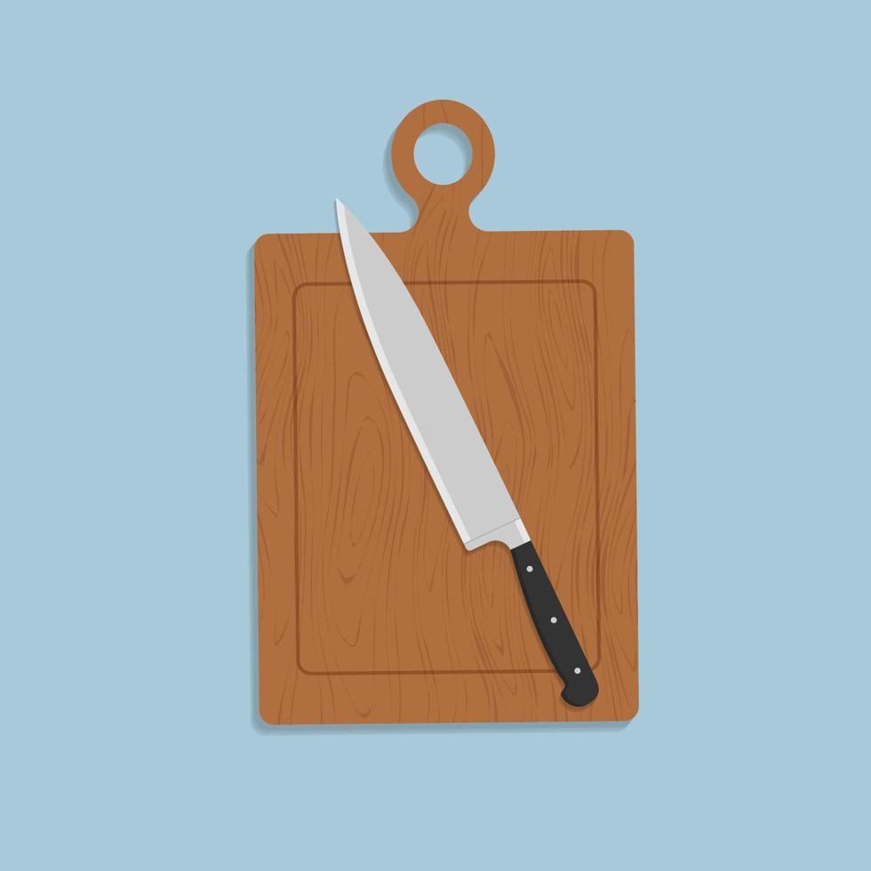 kökskniv på skärbräda. kockkniv med svart handtag. platt stil. vektor