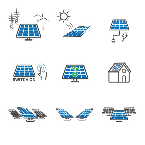 Solcellsikoner. Energi- och energikoncept. Illustration vektor samling set. Tecken och symbol tema.