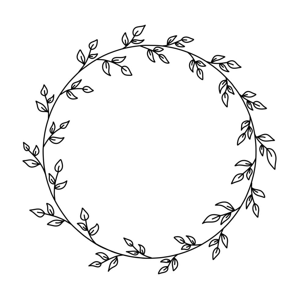 Vektorblumenrahmen in schwarzer Lineart-Stilillustration. Runde schöne Dekoration mit Blättern für Einladungen, Grußkarten, Hochzeit vektor