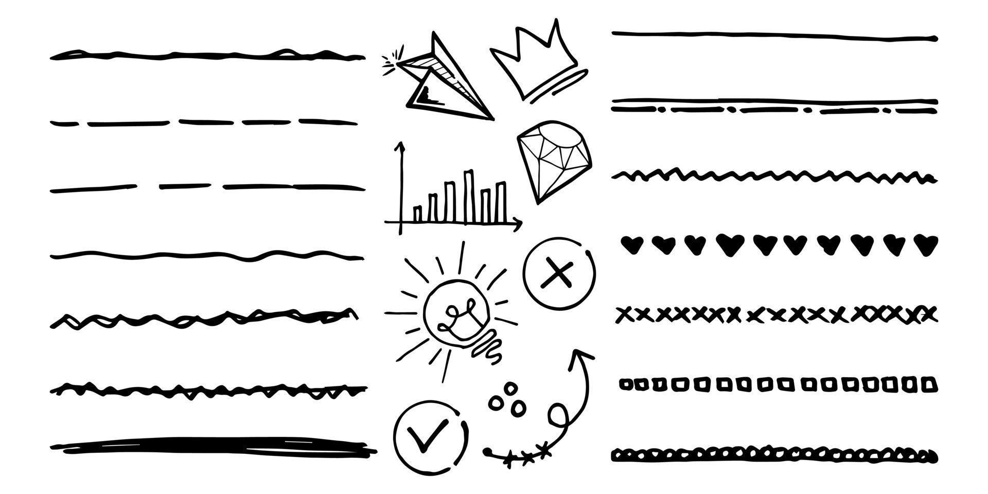 doodle vektor set illustration med hand rita linjekonst stil vektor. krona, kung, sol, pil, hjärta, kärlek, stjärna, virvla, svep, betoning, för konceptdesign