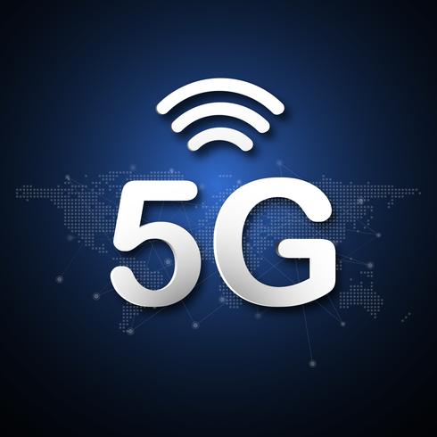 Abstrakter Hintergrund der zellularen Mobilkommunikation 5G mit Linie Punktverbindungsübertragung des globalen Netzwerks. Digitales Transformations- und Technologiekonzept. Massives zukünftiges Geräteanschluss-Hochgeschwindigkeitsinternet vektor