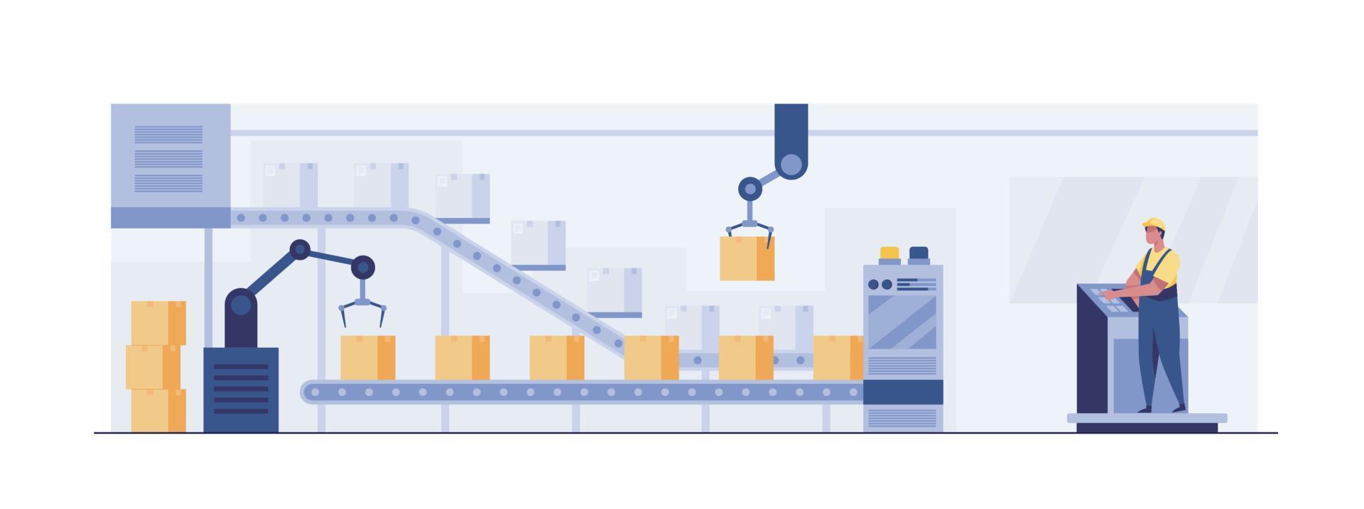 automatiserad sortering och produktkontroll, lager, transportörer, industrirobotar. vektor illustration