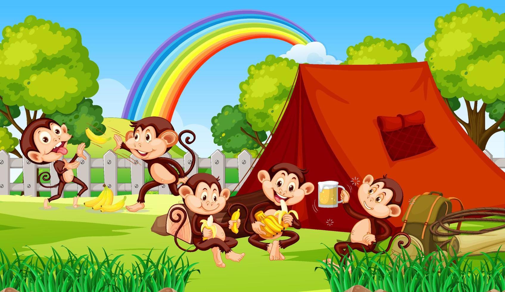 Campingszene mit kleinen Affen, die verschiedene Aktivitäten ausführen vektor