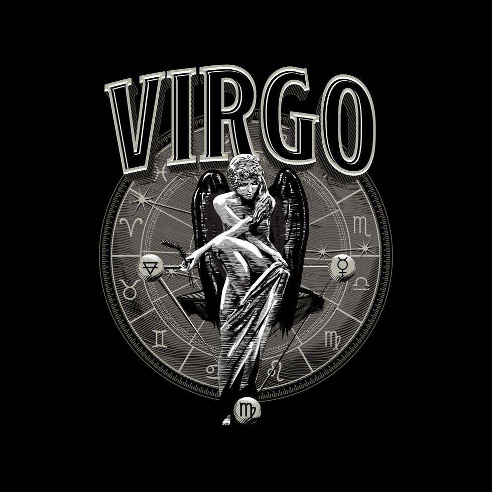 astrologisk vektor - handritad romantisk vacker linjekonst av zodiaken virgo. illustration isolerade. etnisk design, mystisk horoskopsymbol för din användning. idealisk för tatueringskonst, astrologi