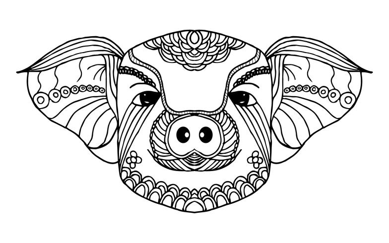 Gris zodiac line art. Handrit och djurkoncept. Svartvitt för målning. Vektor illustration grafisk designelement. Tecken och symbol tema. 2019 Gyllene gris för kinesiskt nyttår tema.