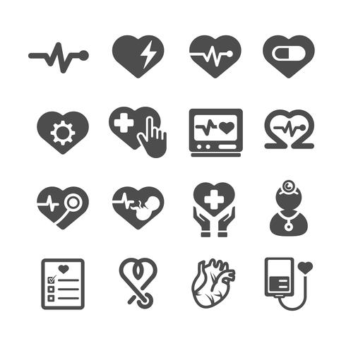 Herz Symbole. Medizin- und Gesundheitskonzept. Glyphe und Konturen Strich Symbole Thema. Zeichen- und Symbolthema. Vektorillustrationsgrafikdesign-Sammlungssatz vektor