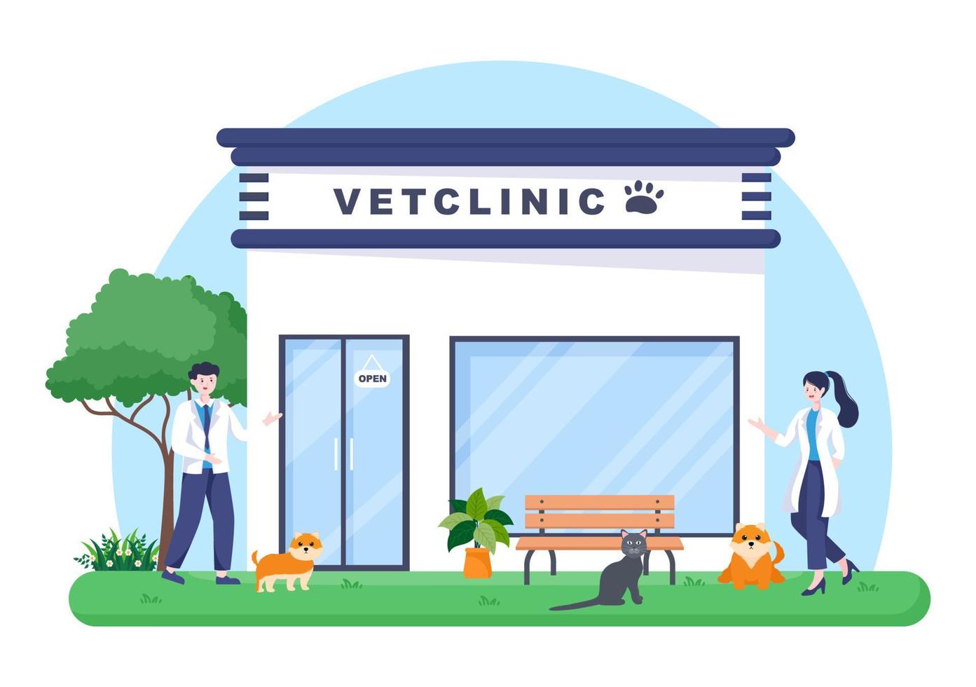 veterinärklinikläkare undersöker, vaccinerar och hälsovård för husdjur som hundar och katter i platt tecknad bakgrund vektorillustration för affisch eller banderoll vektor