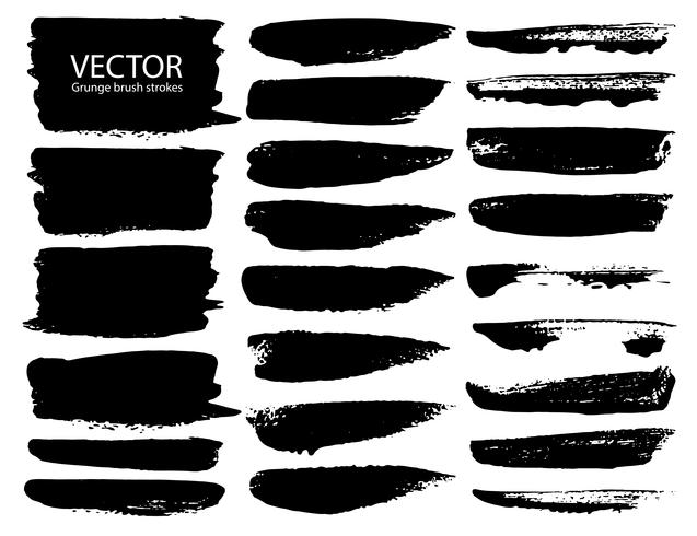 Set av penselsträngar, svarta bläckgrungeborstslag. Vektor illustration.