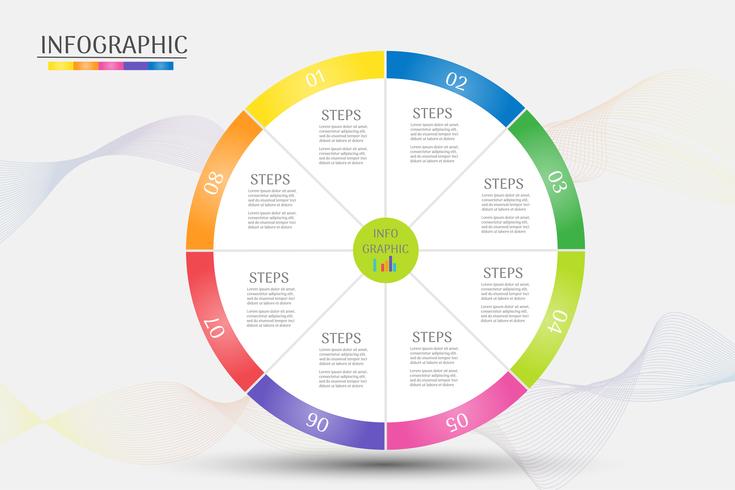 Entwerfen Sie das infographic Diagrammelement mit 8 Schritten der Geschäftsschablone mit Platzdatum für Darstellungen, Vektor EPS10.