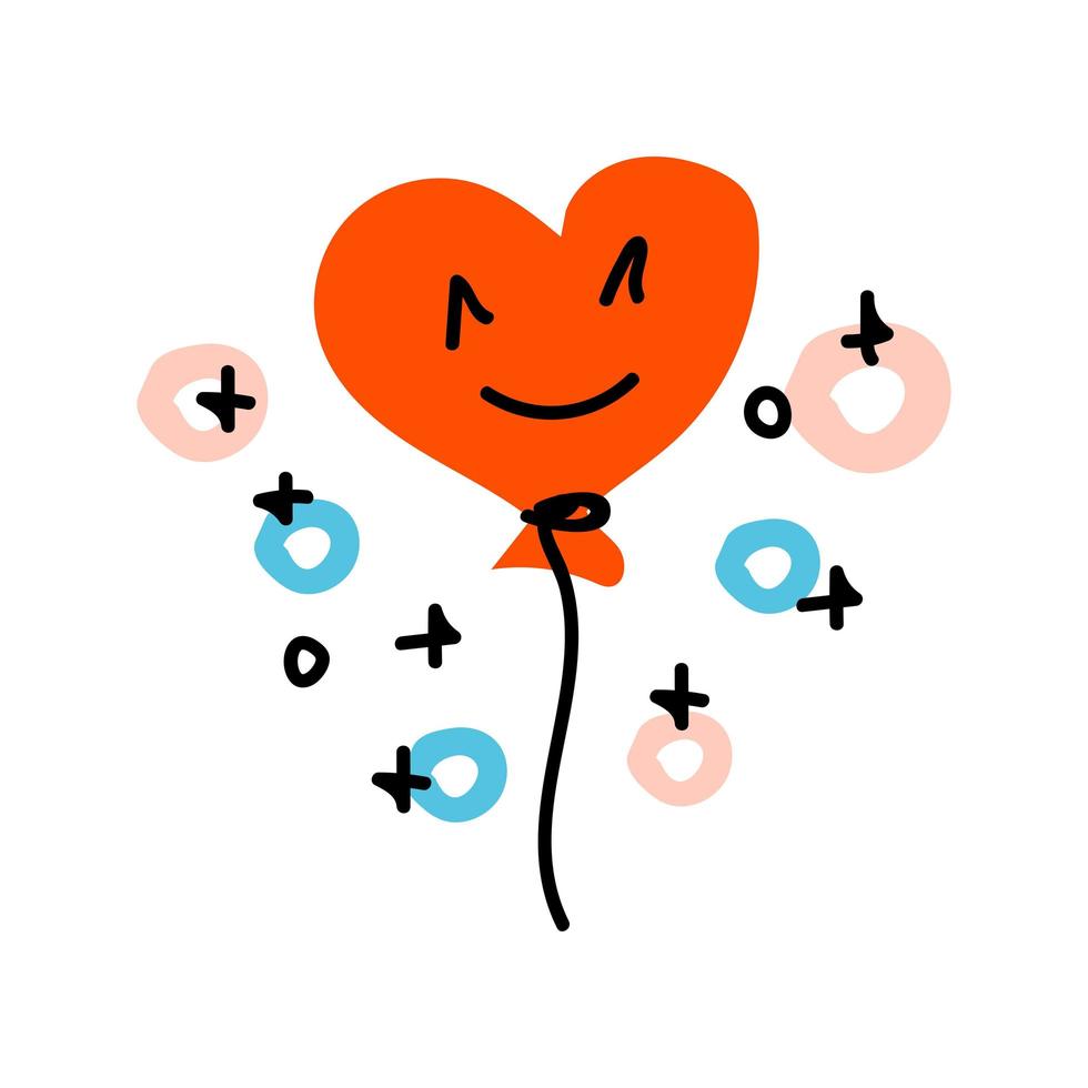 Roter Luftballon in Form von Herzen und abstrakter Form und Linie. Liebe Dekoration lächelnder Emoticon. valentinstag gekritzel, handgezeichnet, strichzeichnungen und flacher vektor für valentinstag, web, karte, aufkleber