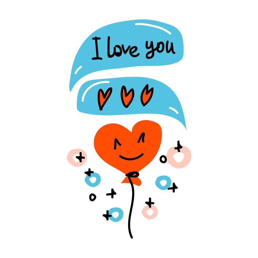 pratbubblor med hjärtan, bokstäver jag älskar dig och luftballong i form av hjärta. internetprat, chatt, dekoration. alla hjärtans dag doodle, handritad, linjekonst och platt vektor för webb, kort, klistermärke