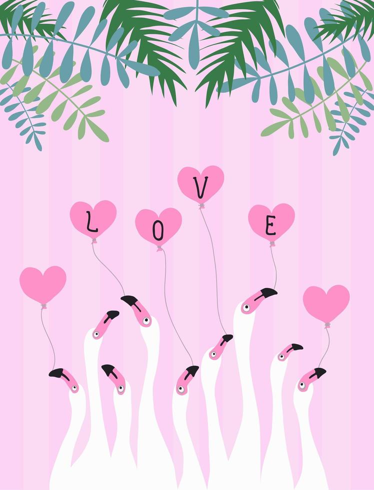 weiße Flamingos auf einem rosa Hintergrund, Herz. tropische Blätter. Illustration über die Liebe vektor