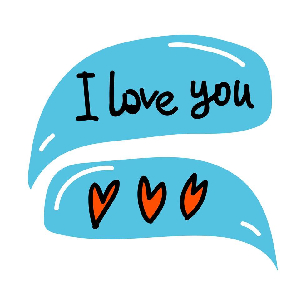 pratbubblor med röda hjärtan och bokstäver jag älskar dig. alla hjärtans dag doodle ikon. internetprat, chatt, kärleksdekoration. handritad, streckteckning och platt vektor för webb, kort, klistermärke