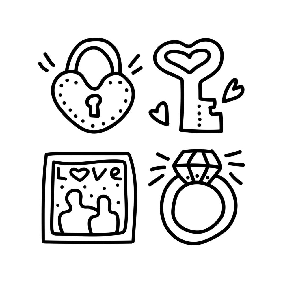 Valentinstag-Doodle-Reihe von Symbolen Beginn einer Liebesbeziehung in einem Paar, ein Date ist eine Verlobung. Schlüssel und Schloss der Liebe, Erinnerungsfoto und Diamantring. handgezeichnete Illustrationskarte, Aufkleber vektor