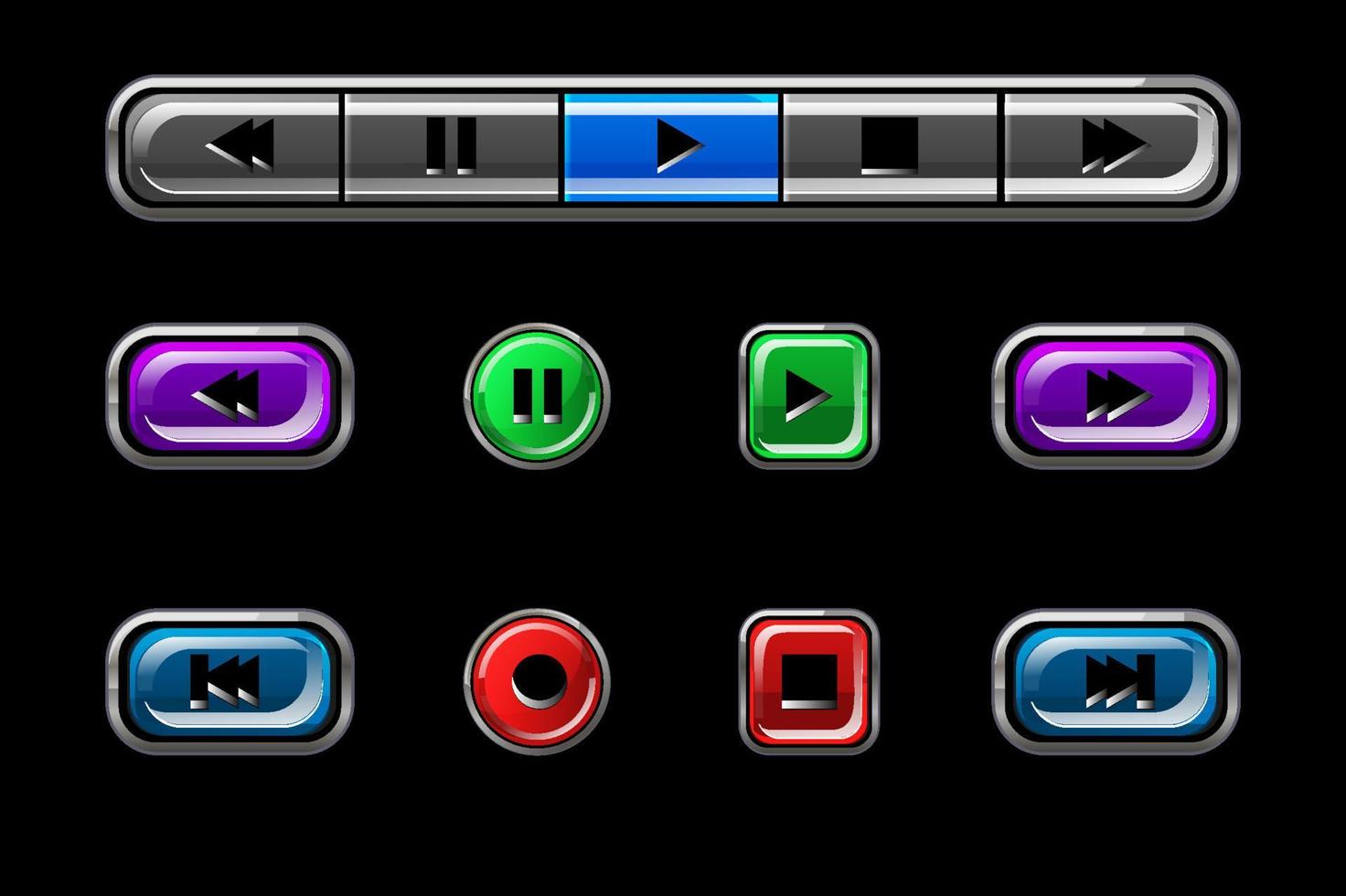 uppsättning glänsande knappar för mediaspelare. flerfärgade knappar av olika former med skyltar. vektor