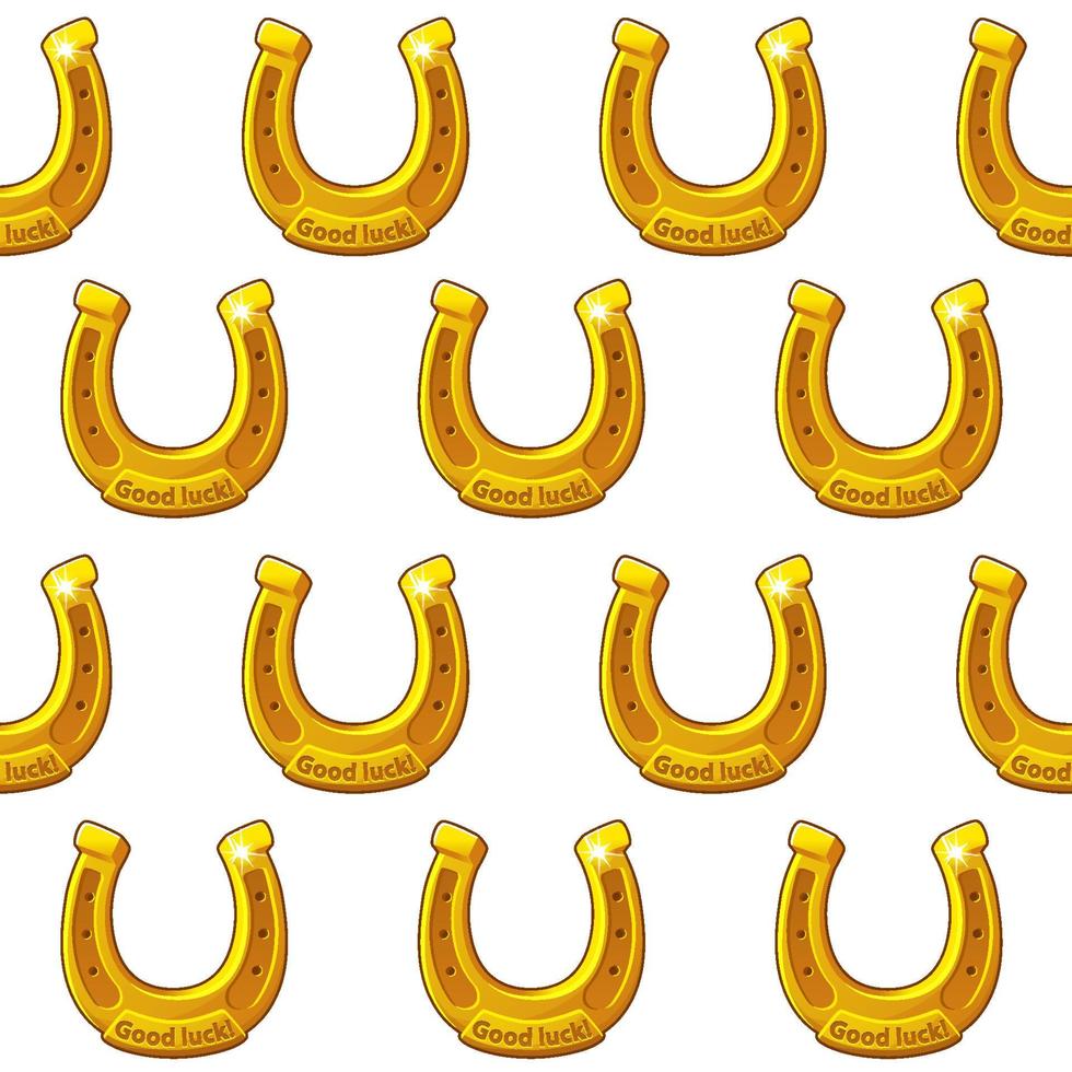 seamless mönster av gyllene hästskor i rad på en vit bakgrund. bakgrund med symbolen för dagen av patrick hästskon med inskriptionen lycka till. vektor