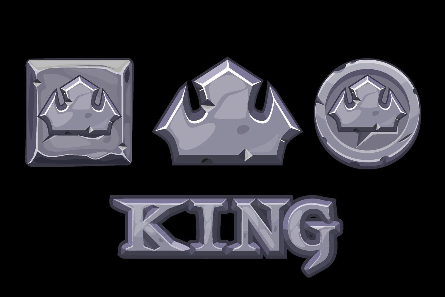 Steinlogo ist König, Kronensymbol, Quadrat und Münze. text logo king, objekte auf separaten ebenen vektor