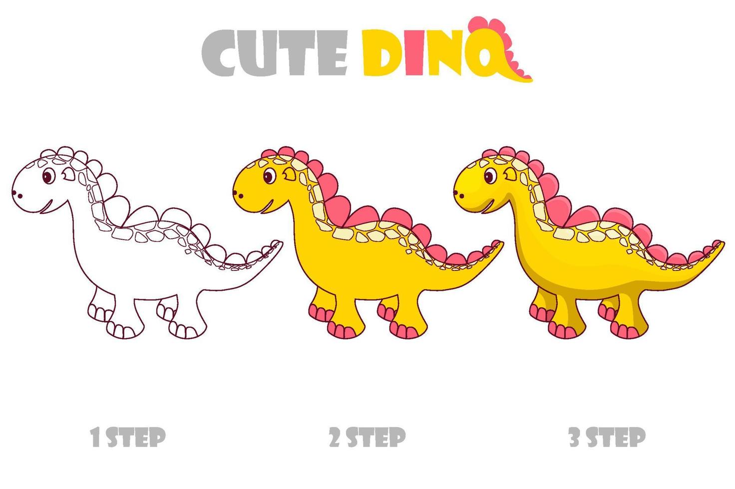 Schritt für Schritt zum Färben von girly orange süßem Dino. Cartoon-Dinosaurier-Verbesserung. schwarz-weißer und bemalter Dinosaurier. Animation und Bewegung eines orangefarbenen Dino. vektor