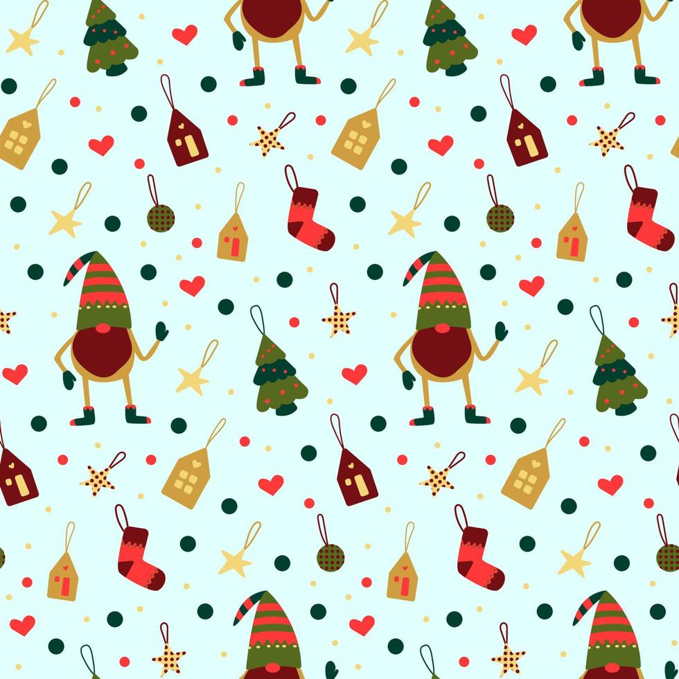 skandinaviska tomtar och hus vektor sömlösa mönster. jul upprepa bakgrund med tomtar träd och hem