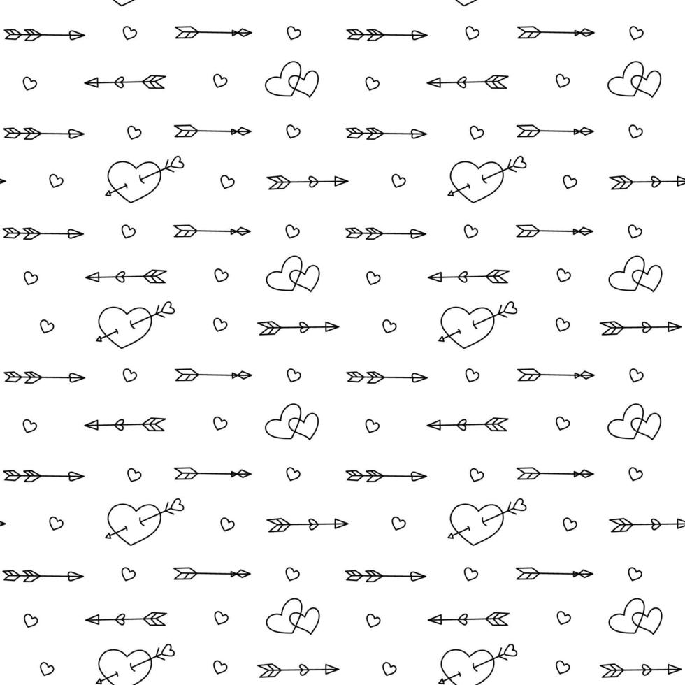 Pfeile mit nahtlosem Muster des Herzvektors auf weißem Hintergrund. Valentinstag Hintergrund im Doodle-Stil. vektor