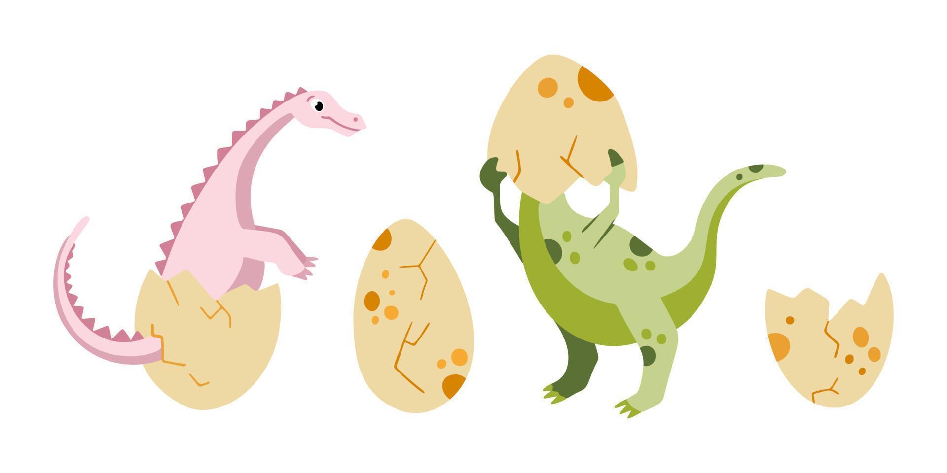 ein süßer dinosaurier, der aus eiern schlüpft. Dinosaurier-Eier-Vektor-Illustration. neugeborenes niedliches dinosaurier-set vektor